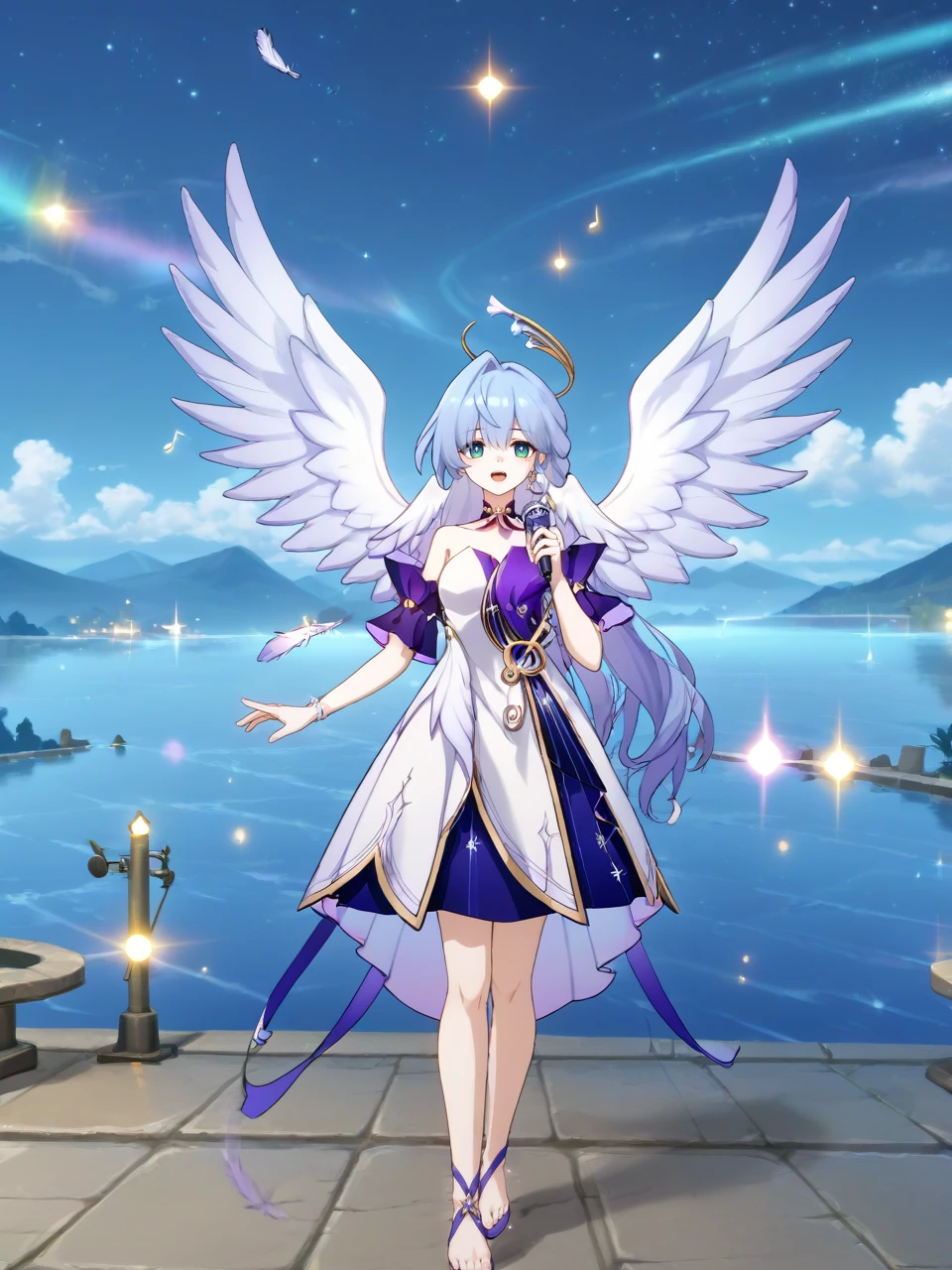 1girl, solo, Robin \(Honkai: Star Rail\), standing, dress, holding microphone, singing, angel wings, prismatic wings, flying, feathers, song notes, dynamic scenery, outdoors <lora:Alt_Focus:1>