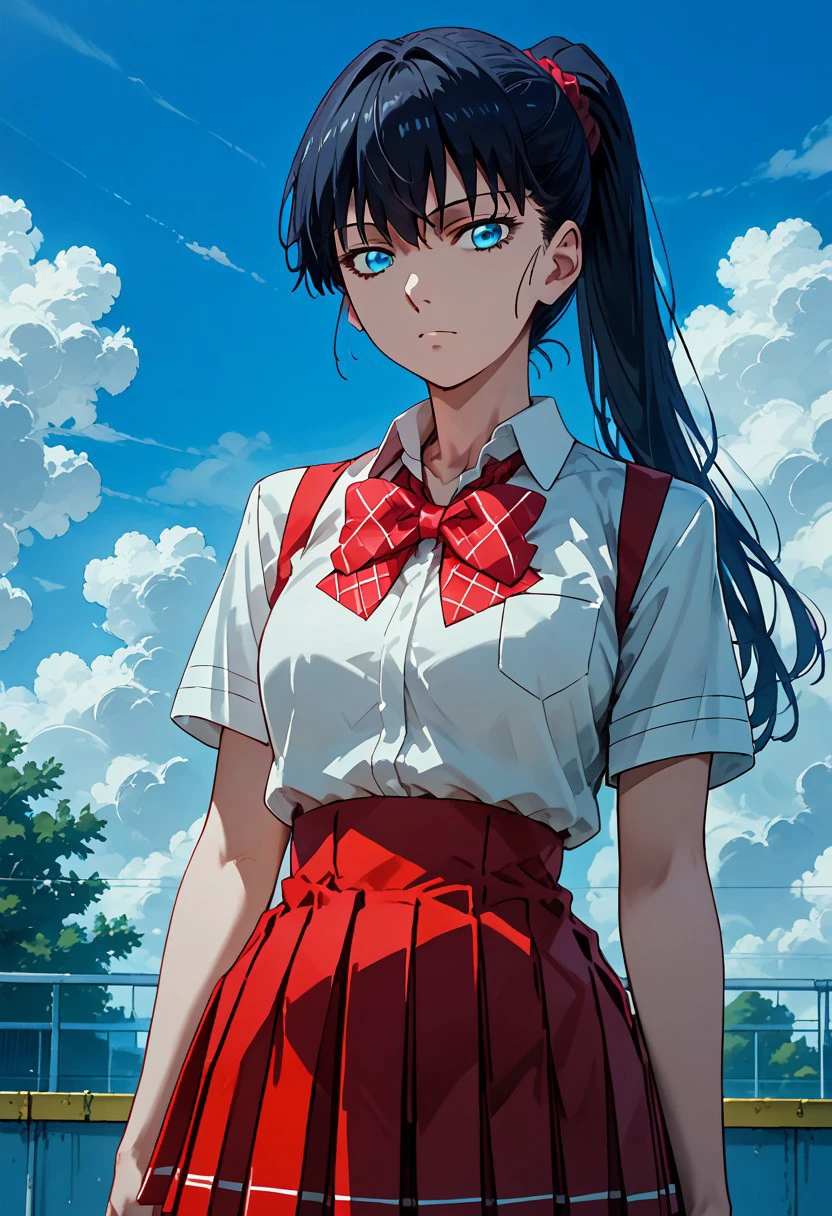 score_9,score_8_up,score_7_up,source_anime, Akira Todo,1girl,solo,looking at viewer,skirt,shirt,bow,school uniform,white shirt,short sleeves,pleated skirt,outdoors,sky,day,cloud,blue sky,red skirt,scrunchie,