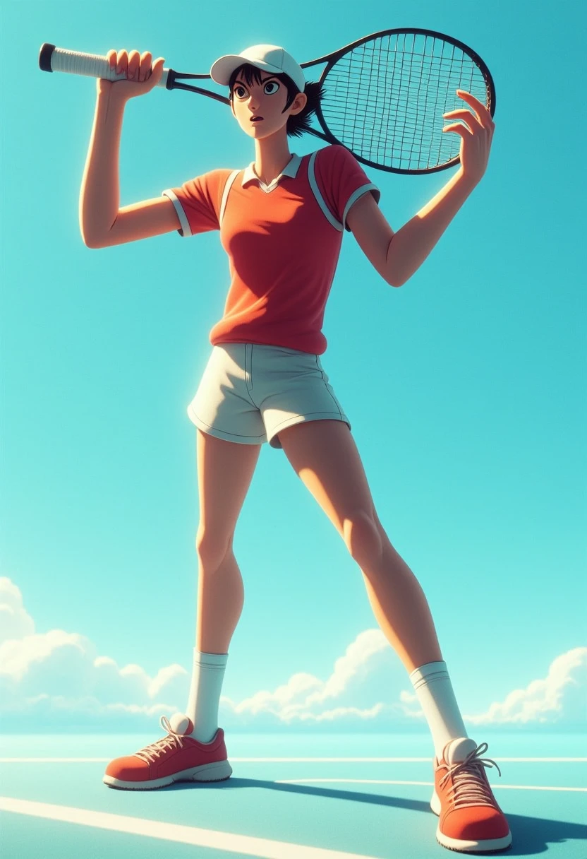 thowering tennis player with exaggeratedly long arm