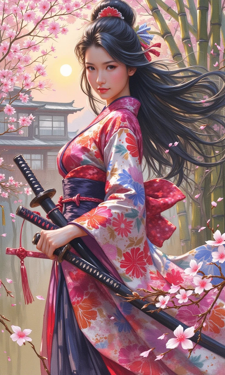 Watercolour style, digital artwork, a beautiful woman dressed in a traditional silk kimono adorned with intricate floral patterns, standing in a quiet Japanese garden at dusk. She holds a katana with both hands, the blade reflecting the soft glow of a fading sun. Her expression is calm but determined, framed by her flowing black hair that cascades over her shoulders. The garden around her features delicate cherry blossoms and bamboo, painted with soft, fluid brushstrokes in pastel pinks and greens. The overall mood is one of elegance and strength, with a harmonious balance between the peaceful garden and the poised warrior. The image draws inspiration from Edo-period art, capturing the serenity and beauty of the scene with vibrant yet soft colors.<lora:watercolor_v1:1>