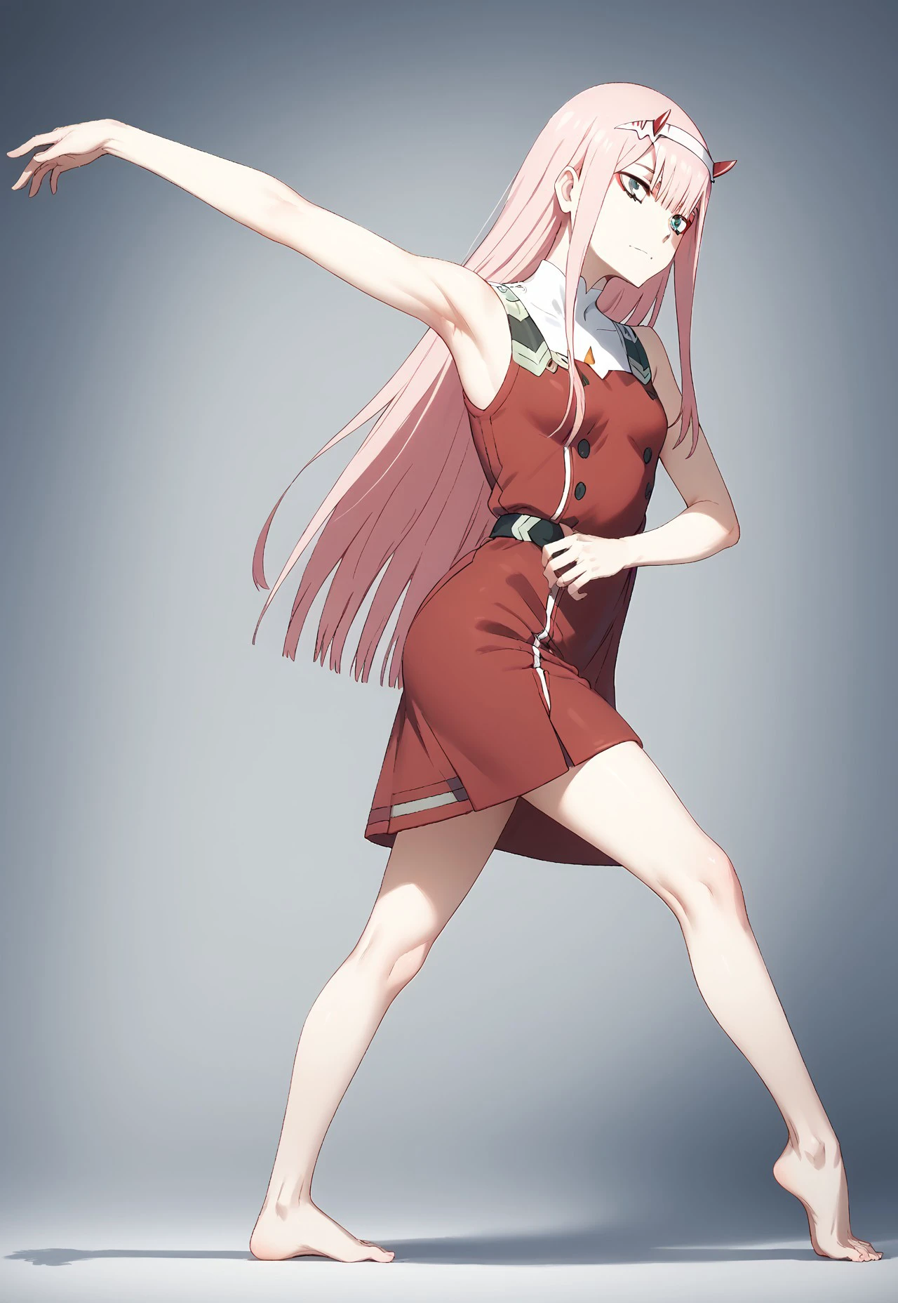 
score_9, score_8_up, score_7_up, ((( )))
,
((( 1girl, solo, Pa005, dancing, outstretched arm)))
,
(( Full body view))
,
((( Petite )))
,
((( )))
,
((<lora:zero-two-s1-ponyxl-lora-nochekaiser:1>, zero two, zero two \(darling in the franxx\), green eyes, hairband, horns, long hair, pink hair, red horns, white hairband,dress))
,
(( Empty white room ))
,
(((  )))
,
((((  ))) 