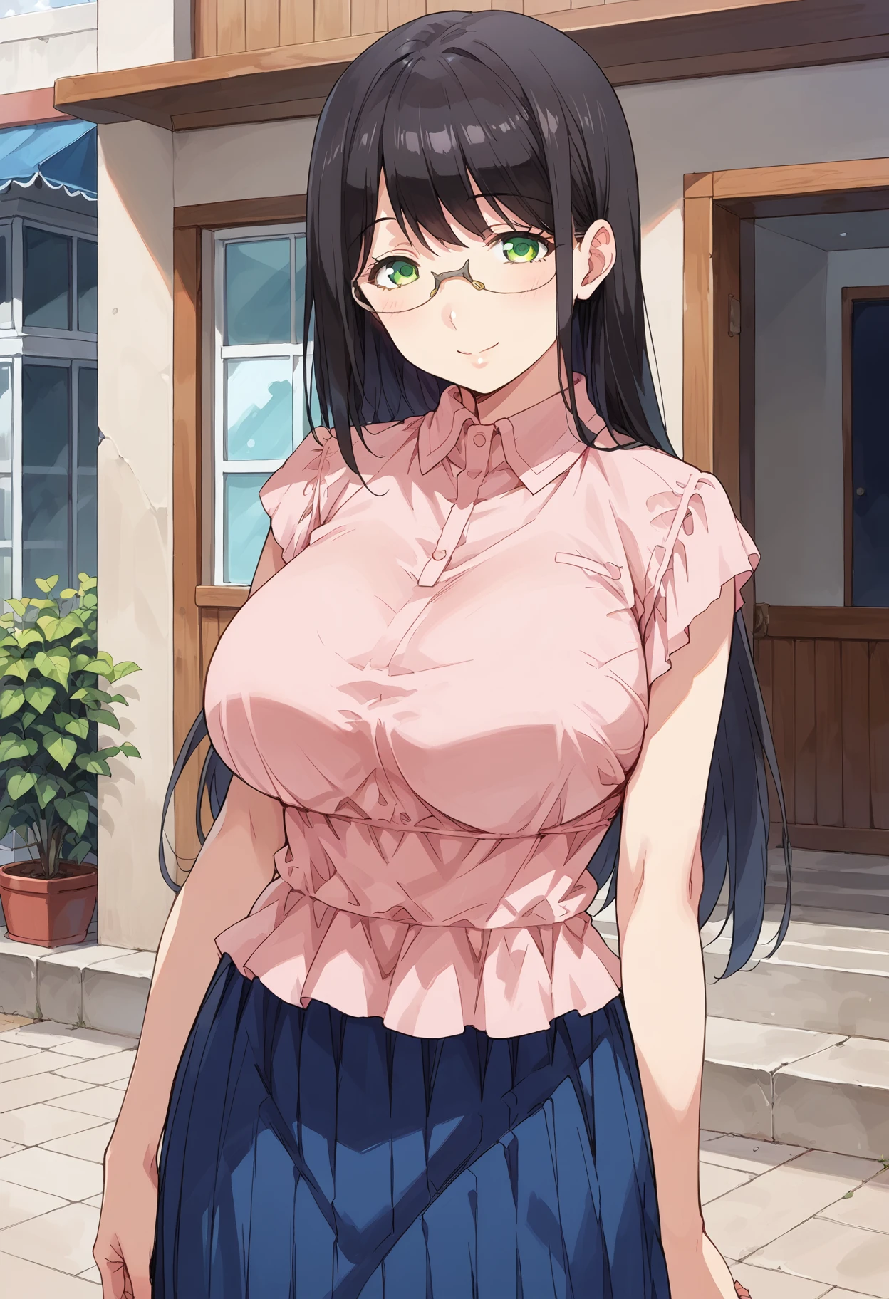 score_9, score_8_up, score_7_up, , source_anime, , hanyuyuzuki, 1girl, solo, perfect hands,  rimless eyewear, black hair, green eyes, , long hair, smile, blue pleated skirt, collared blouse, huge breasts,  looking at viewer,   <lora:hanyu_yuzuki_pony3:1> long skirt,  (cowboy shot:1.5),  standing,swept bangs,mature female,