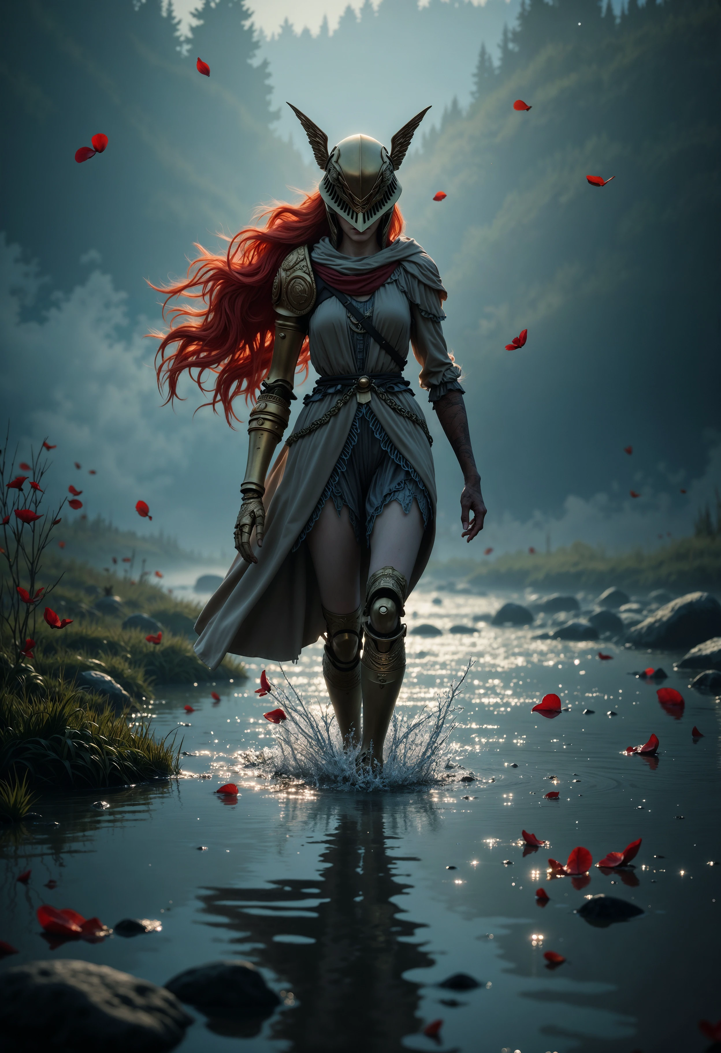 A haunting and serene scene of MaleniaNorm gracefully walking across the surface of a shallow, mist-covered river. Her slender form is clad in her iconic golden and crimson armor, beautifully detailed with thorn-like motifs and battle scars. Her long, fiery red hair flows behind her, contrasting with the soft, ethereal mist that rises from the water. Each of her steps disturbs the river slightly, creating ripples that shimmer in the dim, moonlit atmosphere. Scarlet petals swirl around her, carried by a gentle breeze, adding a ghostly elegance to her presence. The water reflects her image and the faint glow of distant, blood-red flowers along the riverbank. The scene captures a blend of tranquility and danger, showcasing Malenia’s ethereal grace and the quiet, deadly beauty of a warrior forever bound to battle. (maximum ultra high definition image quality and rendering:3), maximum image detail, maximum realistic render, (((ultra realist style))), realist side lighting, , 8K high definition, realist soft lighting, (amazing special effect:3.5)  <lora:FluxMaleniaNorm:1>