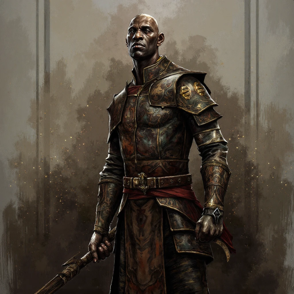 D_Hstyle ,high fantasy illustration, front view shot of a dark-skinned man looking up in battle-worn armor