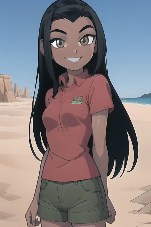 <lora:kai-09:1>kai, long hair, dark skin, red shirt, green shorts, in desert, day time, smiling, flowing hair, looking at viewer, sand dunes, masterpiece, best quality