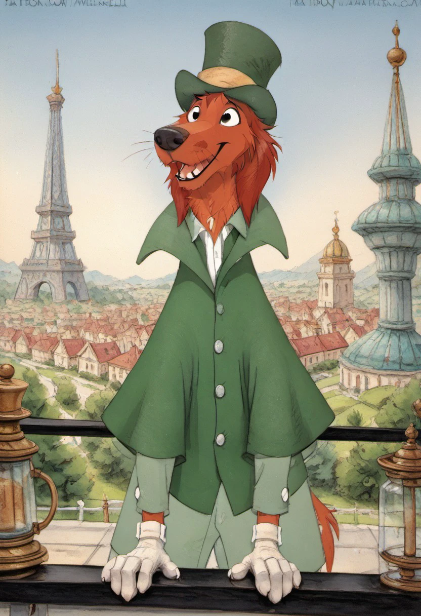 score_9, score_8_up, score_7_up, score_6_up, score_5_up, score_4_up, detailed fur, detailed face, city park background, flat color, furry male, front facing, by meesh, meesh
BREAK
Shamus, dog, Irish Setter, anthropomorphic dog, cartoon dog, animal ears, long ears, floppy ears, red ears, orange fur, black eyes, brown nose, long snout, green cloak, green suit, white gloves, dark green top hat, Disney, open mouth
BREAK
watercolor \(medium\), traditional media,
<lora:add-detail-xl:1.5>
<lora:DetailedEyes_V3:1>