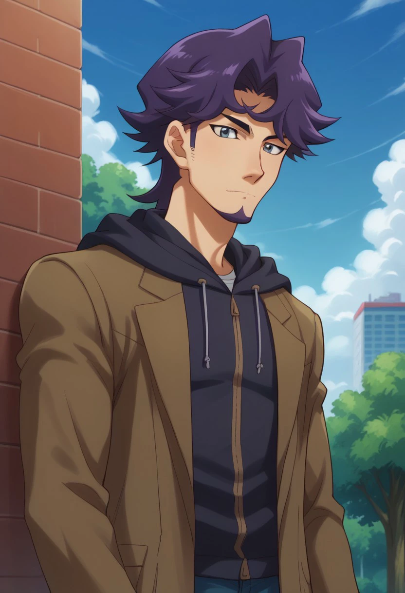 score_9, score_8_up, score_7_up, source_anime, highly detailed, 
shoichi, 1boy, male focus, solo, facial hair, upper body, hood, pants, hoodie, coat, goatee,
purple hair, standing, looking at viewer, 
outdoor, sky, tree, cloud.