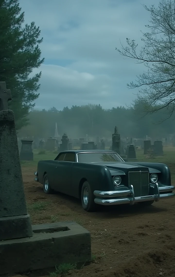 The car parked in a cemetery with tombs and zombies