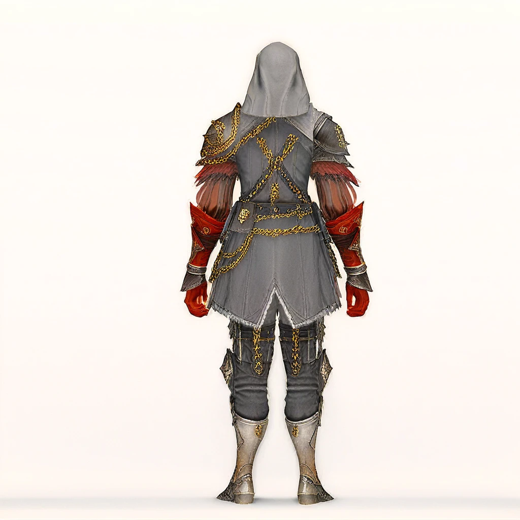 archeo_rinascita, solo, gloves, armor, 1boy, hood, boots, male focus, shoulder armor, red gloves, full body, chain, standing, simple background, belt, white background, pauldrons, ffxiv, fantasy clothing, final fantasy xiv, score_9, score_8_up, score_7_up