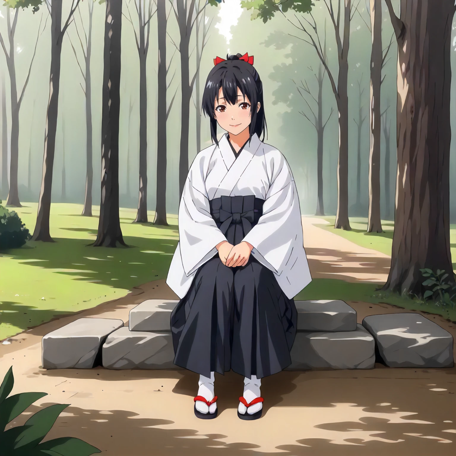 <lora:ToY_AoiXLpony002>,
outdoors,nature,
smile,
solo,
Aoi,1girl,black hair,ponytail,red hairbow,brown eyes,
white kimono,dougi,
hakama_skirt,black hakama,black hakama,
full body,sitting,