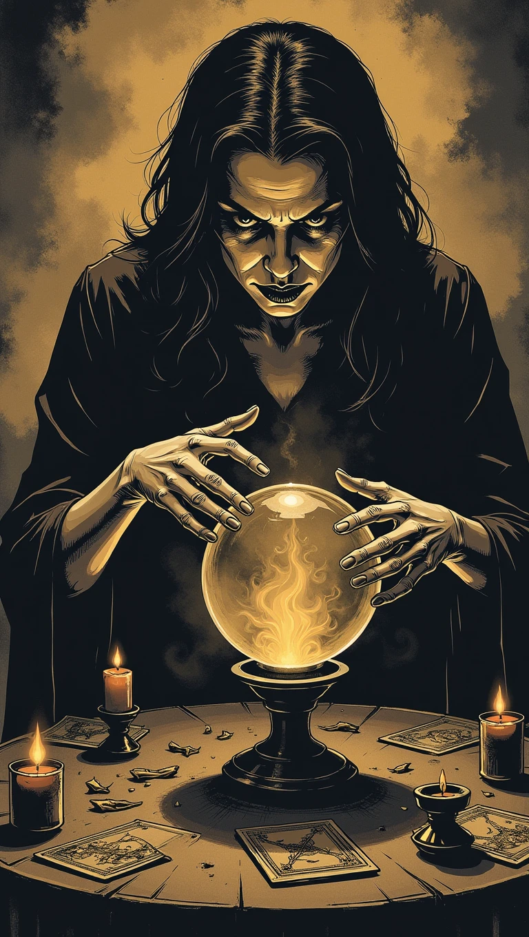 d4rkc0mic . An enigmatic fortune teller in a dimly lit room, her hands hovering over a crystal ball. Her eyes are intense, peering into the swirling mists within the glass. The table in front of her is cluttered with tarot cards, candles, and strange artifacts, creating an atmosphere thick with mystery
  <lora:dark-comic:0.8>