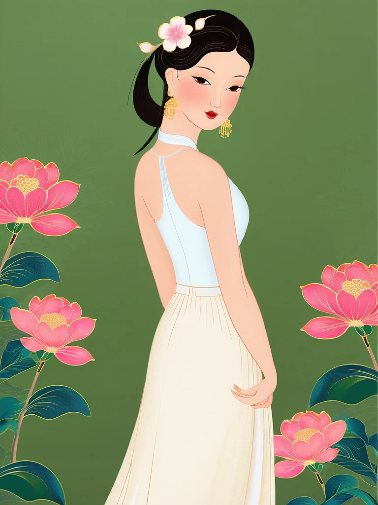 <lora:NGUYENLADY:1>,in style of NGUYENLADY, illustration of a woman, hair ornament ,(((white halterneck))), long skirt, earrings,  beauty ,pink flower, flower background, full body, best quality