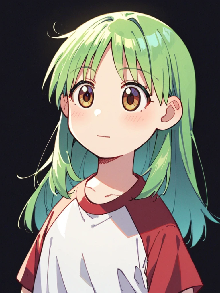 score_9, score_8_up, score_7_up, 
1girl, koiwai yotsuba, hair down, long hair, green hair, brown eyes,

t-shirt, raglan sleeves,  short sleeves, upper body, black background


