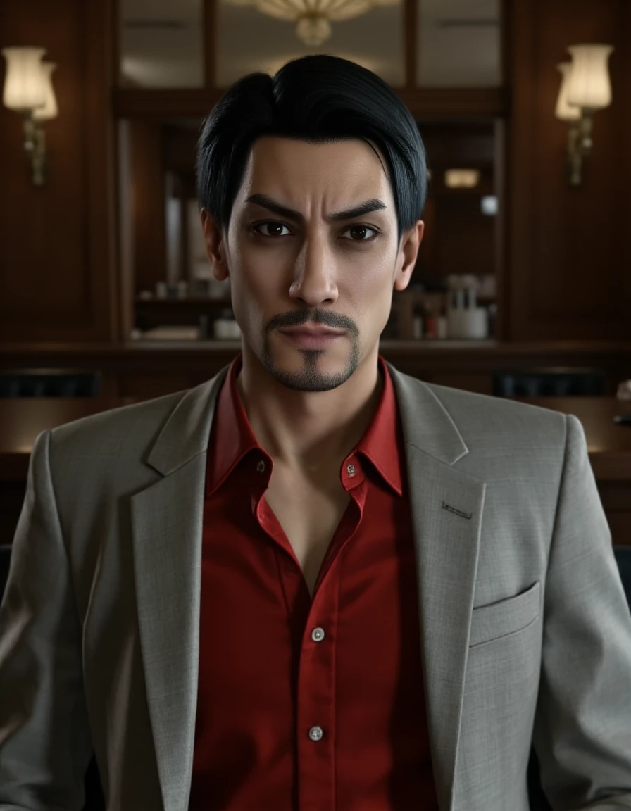 <lora:Goro_Majima:0.8>  Upper-body photo of Goro Majima with two eyes. He has (slicked-back hair:2.0) and wears light grey suit and red formal shirt with open collar. The background implies the interior of a Japanese bar.