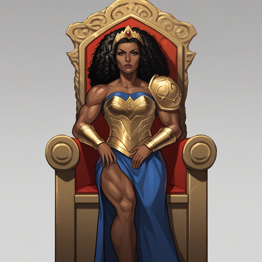 score_9, score_8_up, score_7_up, score_6_up, score_5_up, score_4_up, zPDXL2,source_anime,rating_questionable, 1girl, solo, throne, lounging, queen, <lora:Nubia_-_DC_Comics:0.8> nubia_dc, dark-skinned female, curly black hair, brown eyes, tiara, armor, leotard, skirt, bracers,muscular female,