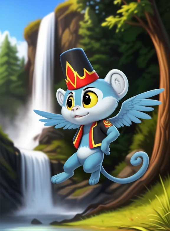 <lora:LymanFlyMonYif:1> LymanFlyMon, monkey, (( wings), blue fur), yellow sclera, vest, chibi,  red-black vest, red-black small hat,
Looks at the viewer, [  solo, (nature), forest, day, clouds, waterfall,]  (jumping )
(beautiful, aesthetic, perfect, delicate, intricate, saturated colors), masterpiece, digital drawing, best quality,
by ulitochka, by taran fiddler, by Silverfox5213, by personalami,