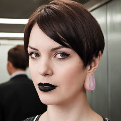 a portrait womans's head with ear bigstretchedtunnel  <lora:EARZ:1.20> , short hair.  black eyes and  lipstick in the subway