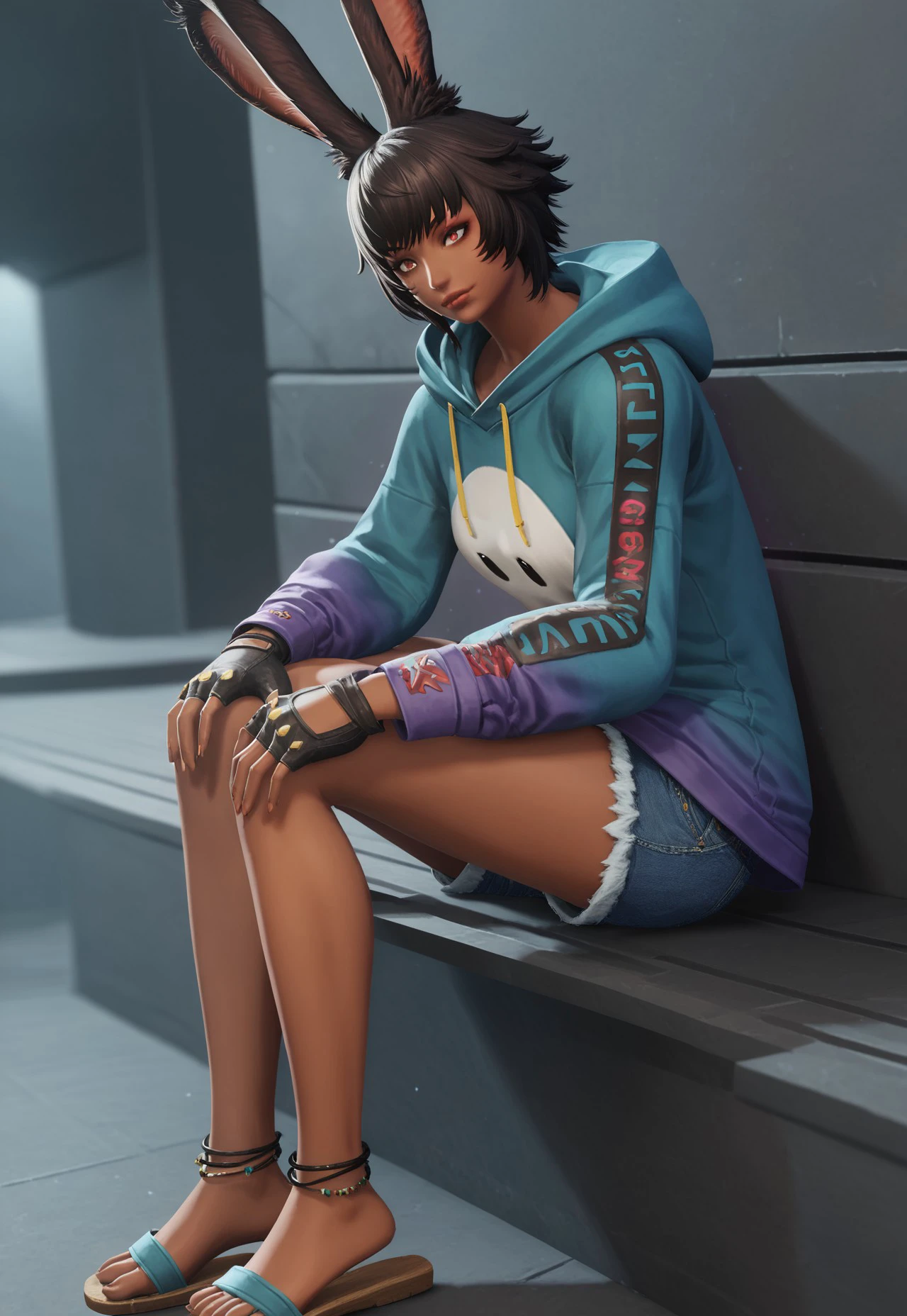 safe_pos, gentlebean_ffxiv, 1girl, solo, rabbit ears, animal ears, viera, dark skin, gloves, fingerless gloves, dark-skinned female, denim shorts, hood, hoodie, sitting, jewelry, green panties, lips, anklet, sandals, hood down, black gloves, bangs, short hair, ultra hd, 32k BREAK PonyXLV6_Scores