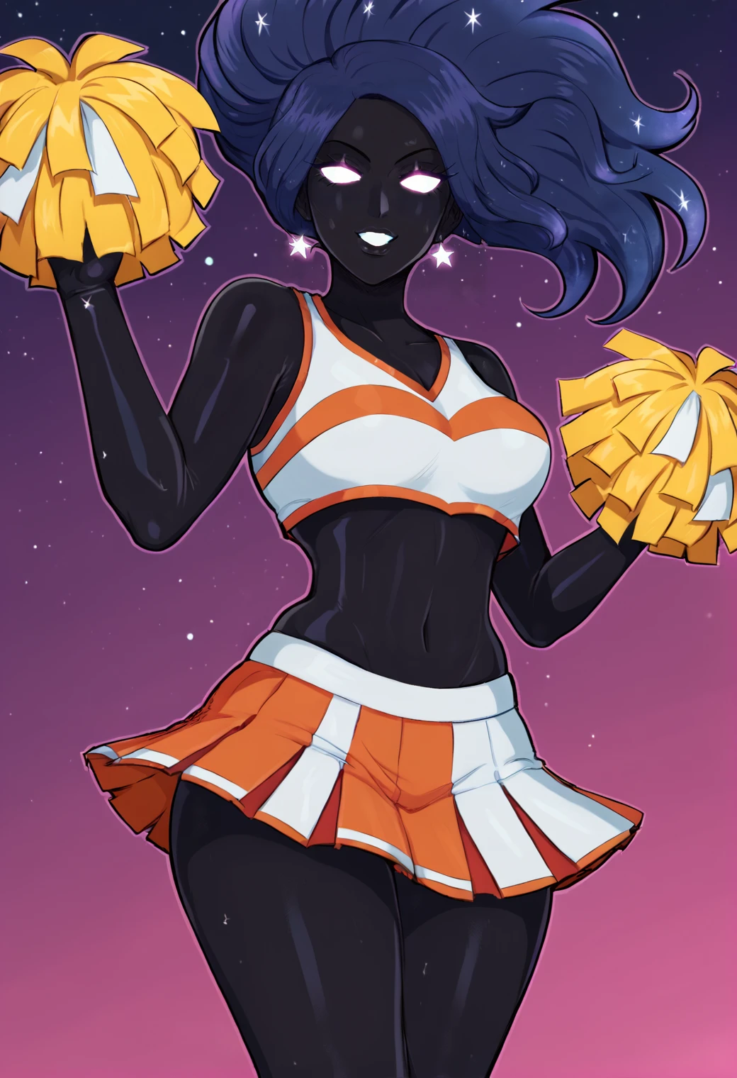 (score_8_up:0.7),
woman, pure black skin, void, galaxy skin, white stars, seductive, cheerleader, seductive, simple_background, holding pom-pom, pink background,,
afrobull, <lora:Afrobull__Style_LoRA_epoch_19:0.85>