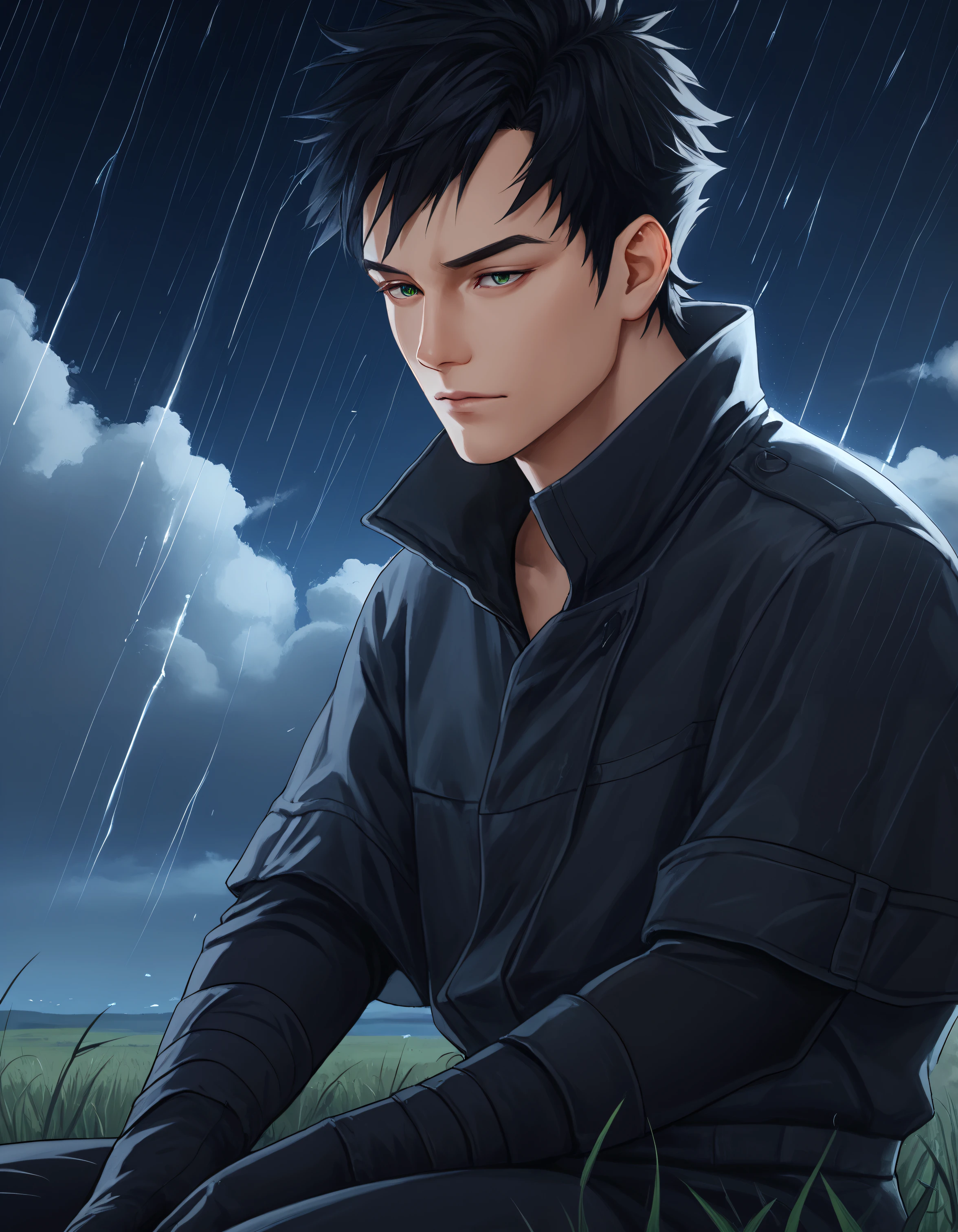 (score_9, score_8_up, score_7_up),source anime,3rg0pr0xy, v1nc3nt, 1boy, male focus, solo, green eyes, gloves, black hair, looking at side, night, heavy rain, cloudy, field, clouds, background, sitting, close