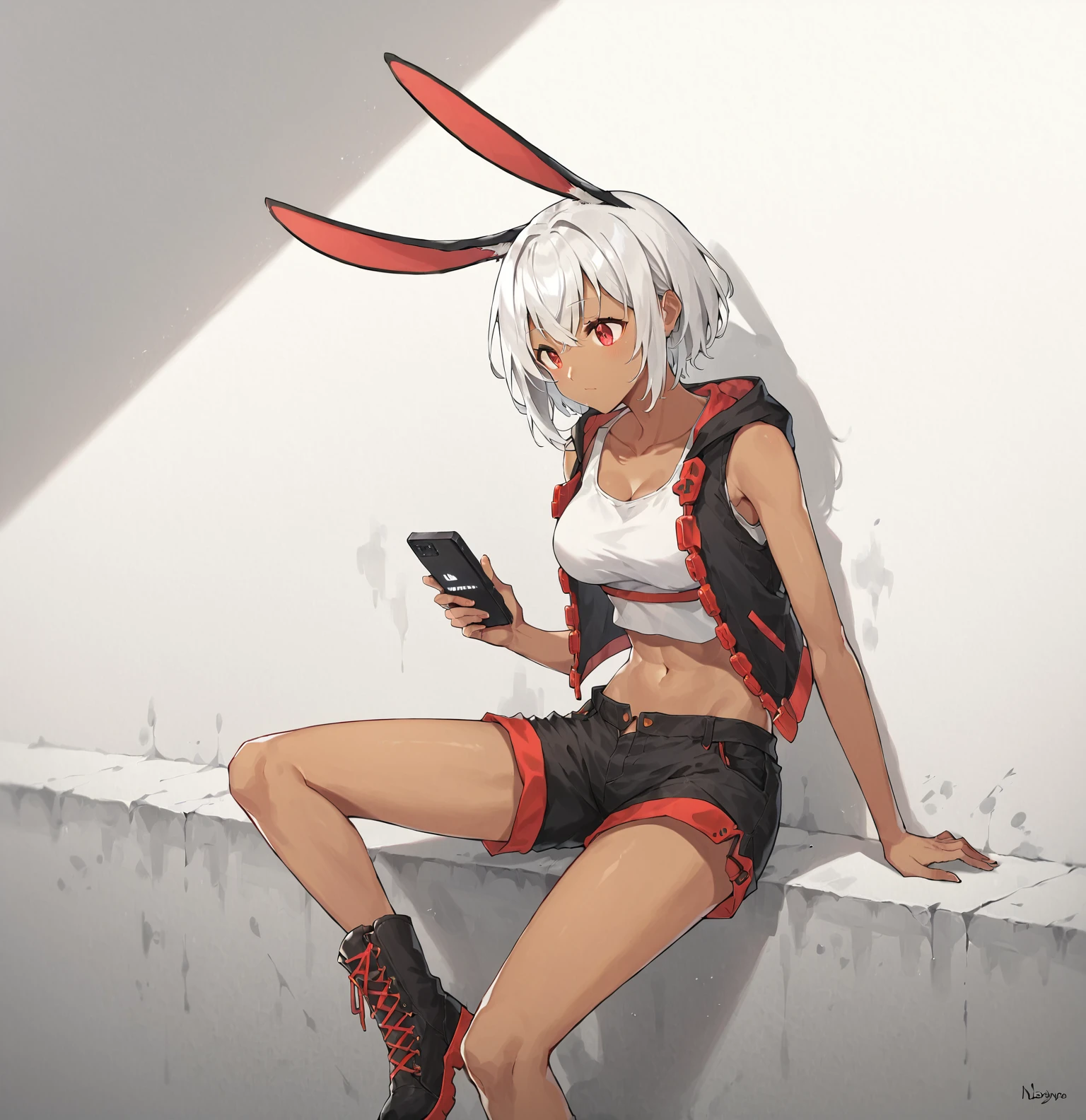 <lora:NS2000_Girls_Frontline:0.7> ns2000, dark skin, rabbit ears, white hair, bangs, red eyes, white top, midriff, shorts, boots, white walls, painting on background, leaning on wall <lora:Texting:0.7> phone, texting, score_9, score_8_up, score_7_up, masterpiece, high quality, 8K, cinematic lighting, glowing, volumetric lighting, detailed background, dramatic lighting, detailed subject,