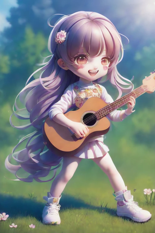 (masterpiece),(bestquality),(ultra-detailed),(fullbody:1.2),1girl,chibi,cute,smile,openmouth,flower,outdoors,playing guitar