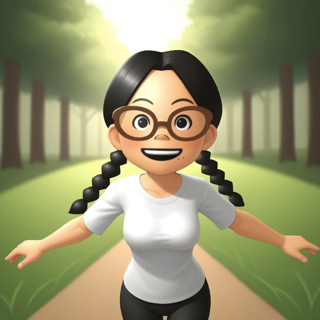 score_9, score_8, BREAK, solo, mii, wii, black eyes, brown glasses, small nose, half circle nose, big mouth, open mouth, teeth, mole under mouth, black hair, low braids, white clothing, black pants, barefoot, blush, 1girl, female mii, cute, medium breasts, keiko_(\Wii_Sports\), wii Sports, Nintendo Mii, modern_mii, classic_mii, sexy pose, smile, outdoors, sunlight, shadows, evening lighting, natural lighting, forest, trees, grass, orange sky, sunset