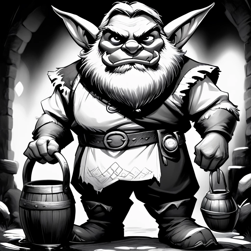 core_9, score_8_up, score_7_up,   <lora:DnDBWIllustrationPony:1> ArsMJStyle, DnDBWIllustration, Bugbear, The image shows a black and white drawing of a goblin with a beard holding a bucket in his hand. The goblin has a mischievous expression on its face and its fur is shaggy and its eyes are wide open. He is wearing a long dark cloak and has a pointed hat on his head. The bucket he is holding is filled with a dark liquid and the background is a light grey., greyscale, monochrome, solo, male focus, 1boy, pointy ears, belt, facial hair, beard, boots