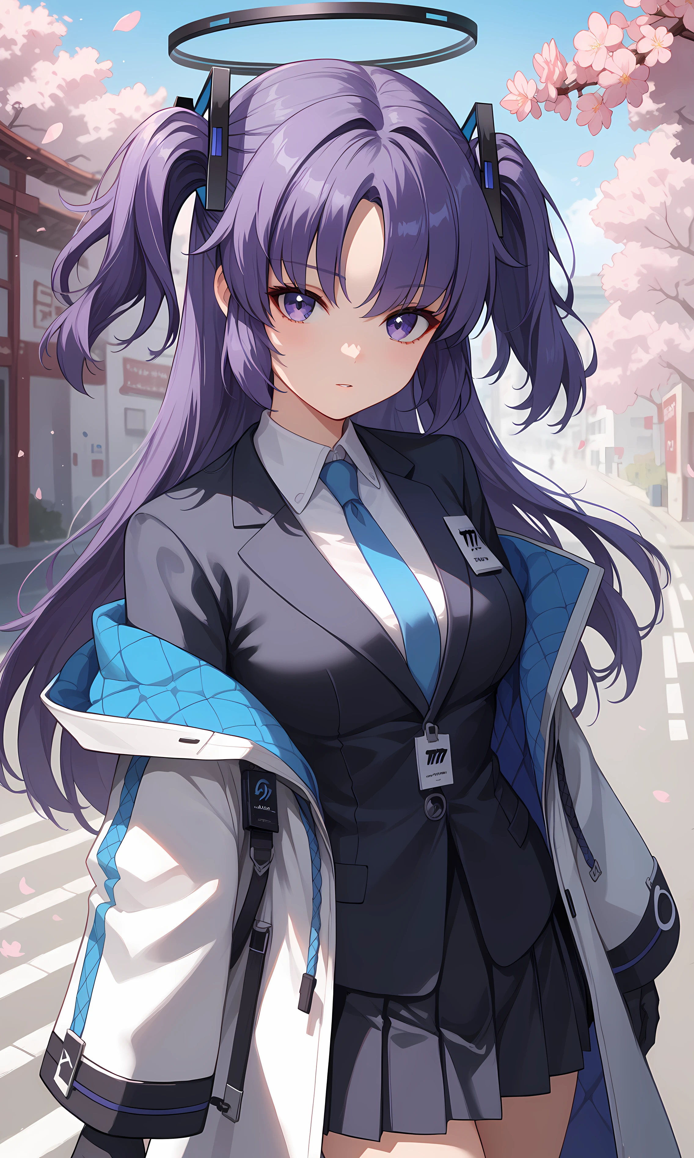 score_9, score_8_up, score_7_up, BREAK source_anime, 1girl, solo, outdoors, street, cherry blossoms, cowboy shot, standing, looking at viewer, shiny skin, yuuka, purple eyes, purple hair, long hair, two side up, parted bangs, hair ornament, halo, collared shirt, white coat, open coat, off-shoulder coat, black blazer, long sleeves, black gloves, blue necktie, black skirt, pleated skirt, miniskirt, black footwear, close-up 