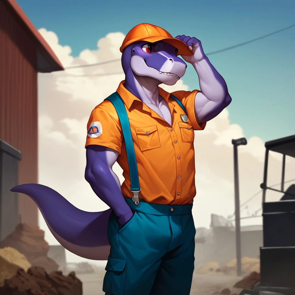 score_9, score_8_up, score_7_up, score_6_up, source_furry, Chomperlbt, anthro, male, Tyrannosaurus, theropod, bipedal, dinosaur, scalie, purple skin, red eyes,  adult anthro, construction worker, <lora:aae7a834-1902-4192-a220-a708e8ffc546:0.7>