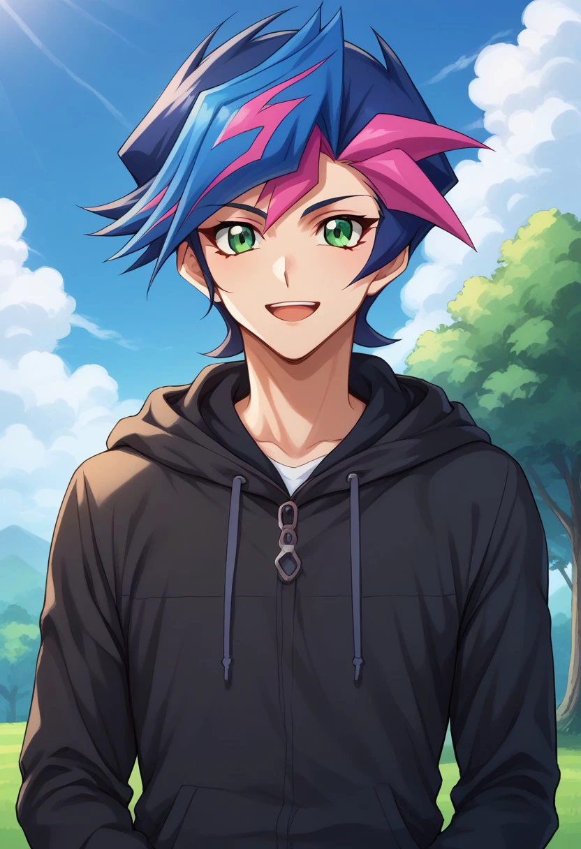 score_9, score_8_up, score_7_up, source_anime, highly detailed, 
yusaku, 1boy, green eyes, male focus, solo, blue hair, v, multicolored hair, hood, pink hair, hoodie, open mouth,
smile, looking at viewer, upper body, two-tone hair, upper body,
outdoor, sky, tree, cloud