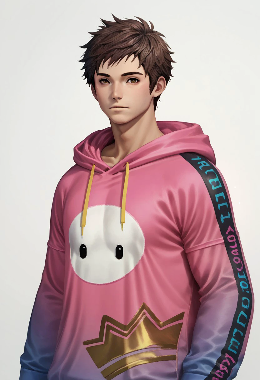 gentlebean_ffxiv, solo, hood, male focus, 1boy, hoodie, pink hoodie, hood down, white background, short hair, brown hair, realistic, brown eyes, simple background, ultra hd, 32k BREAK PonyXLV6_Scores