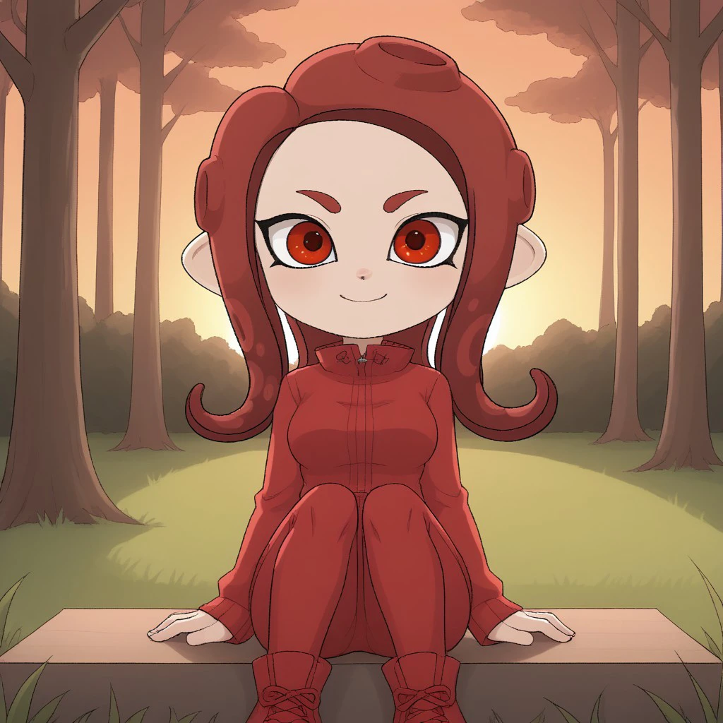 score_9, score_8, BREAK, solo, splatoon, octoling, female octoling, 1girl, tentacle hair, red hair, red eyes, cute, red eyebrows, red clothing, red pants, red shoes, breasts, Hilary_(\OC_Octoling\), sexy pose, smile, outdoors, sunlight, shadows, evening lighting, natural lighting, forest, trees, grass, orange sky, sunset, sitting