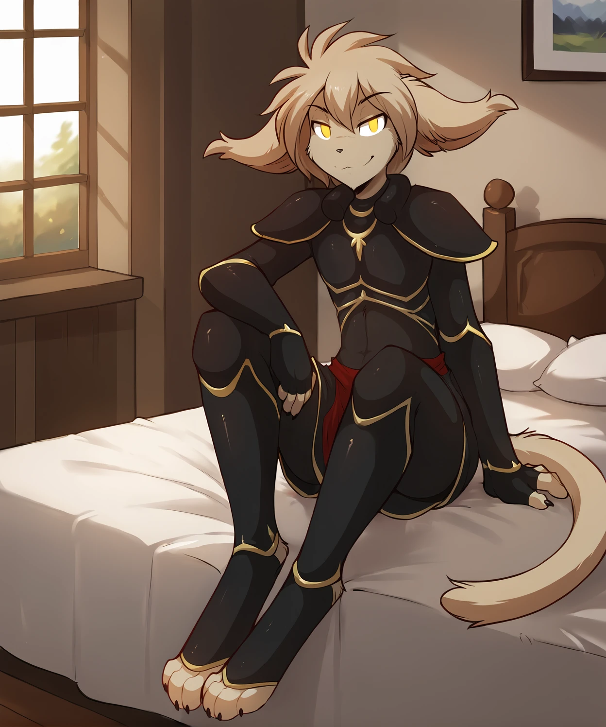 score_9, score_8_up, score_7_up,score_6_up,score_5_up, source_furry
BREAK
solo, furry male anthro, flat chest, (smug), keith-armor2-twokinds, armor, (indoors, sitting, on edge of bed)
BREAK
<lora:Keith-Twokinds-SDXL-AnonTK-V1:0.8> , keith-twokinds, basitin, mammal, feline tail, yellow eyes, no pupils, <lora:Keith-Armor-2-Twokinds-SDXL-AnonTK-V1:0.6>