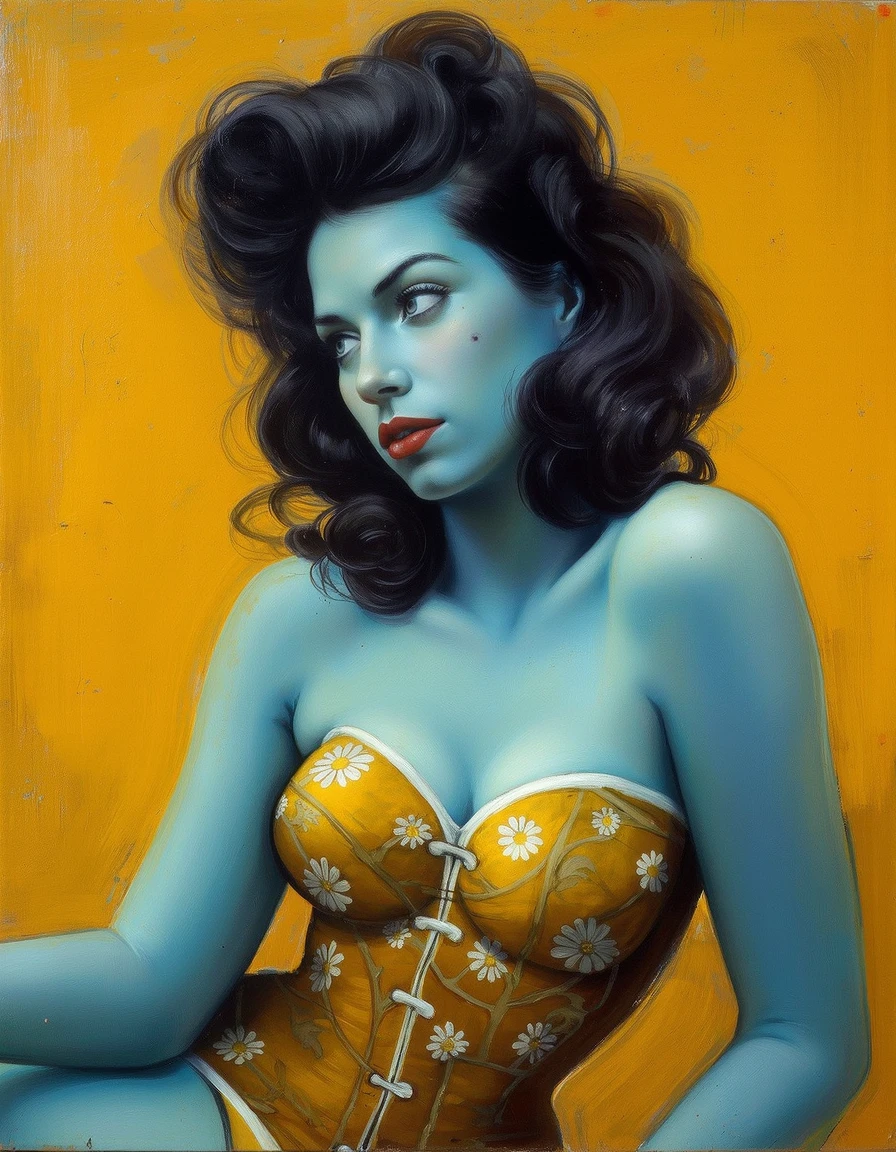 odbe, woman wearing dark yellow corset with white floral painted design, she has blueish skin, black curled hair, lipstick, blue eyes, a mole underneath her right eye, looking to the side, painted yellow orange background