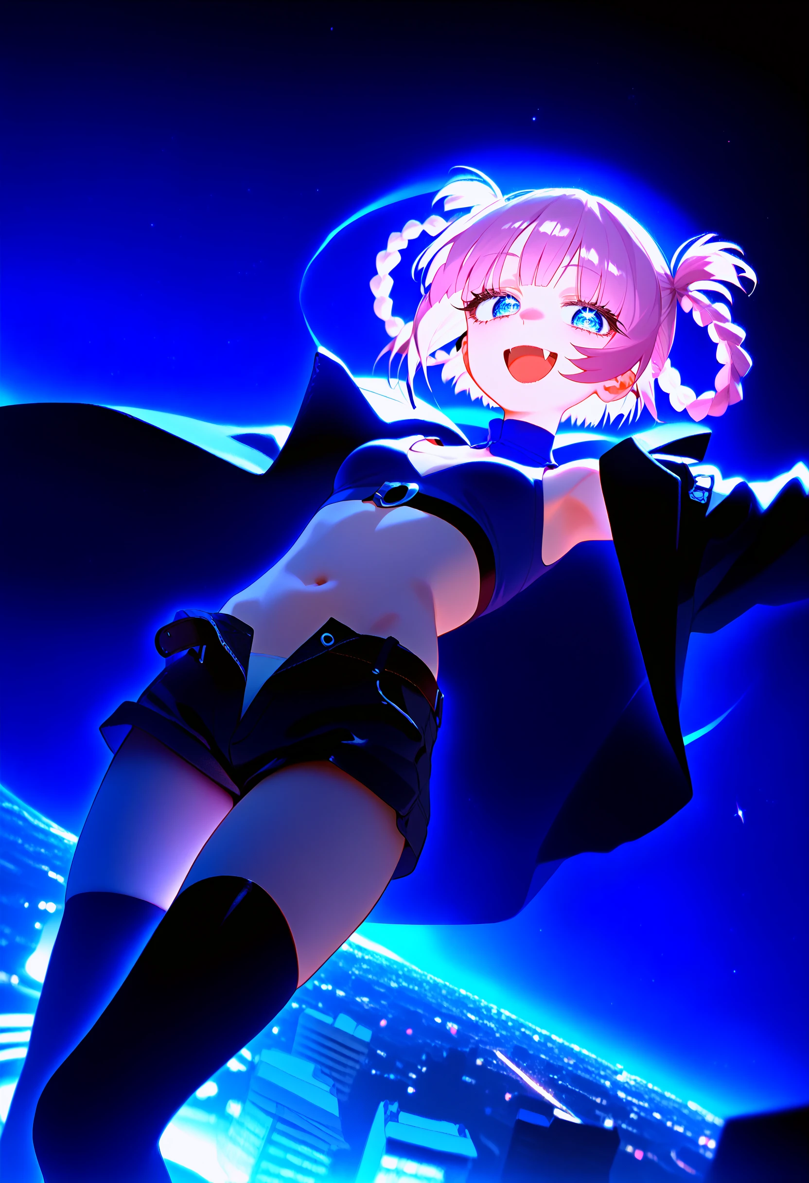 nanakusa nazuna \(yofukashi no uta\), 1girl, solo, blue eyes, ringed eyes, vampire, braided hair rings, blunt bangs, short hair,
black theme, purple theme, dark, light beam, space, starry sky,
looking at viewer, open mouth, upper teeth only, smile,
fang, midriff, small breasts, open fly, navel, crop top, sleeveless turtleneck, black thighhighs, short shorts, midriff, open belt, short hair, tank top, open shorts, stomach, clothing cutout, black coat, long sleeves,
night, building, city, from above, floating, knees up, falling, wind, close-up, dutch angle,
score_9, source_anime, absurdres, masterpiece, best quality, very aesthetic
<lora:pony_nanakusa_nazuna_dora_v3:1>
<lora:pony_color_theory_dora_v1:1>