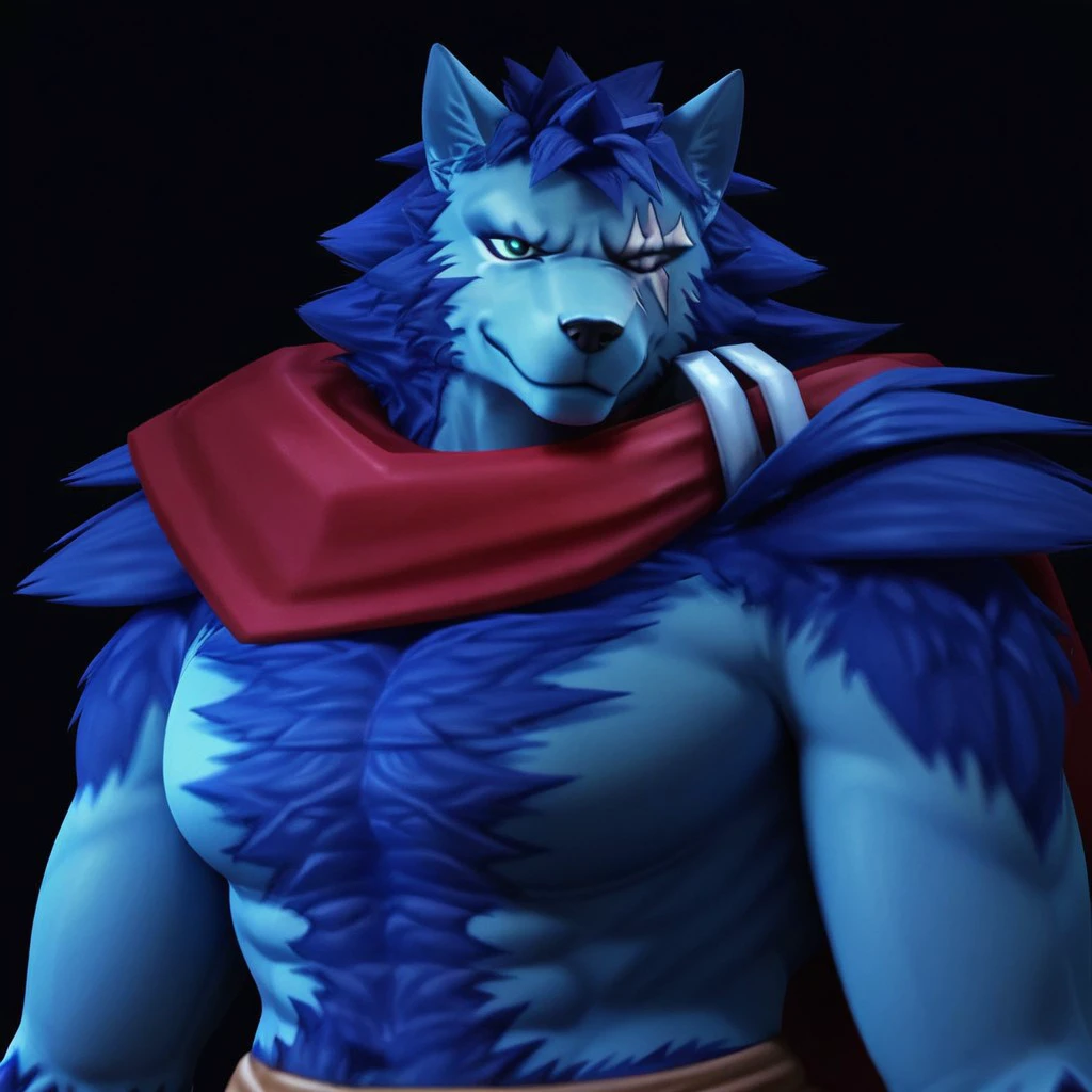 score_9, score_8_up, score_7_up, 1boy, solo,  Expressiveh, (Volk, 1boy, solo, furry, anthro, male wolf, blue body, blue fur, red cloak, orange loincloth, blue eye, one pupil, white sclera, scar across eye, chest tuft) smile, closed mouth, looking at viewer), close-up, standing, black background, simple background, 4k, masterpiece, best quality, highly detailed, realistic