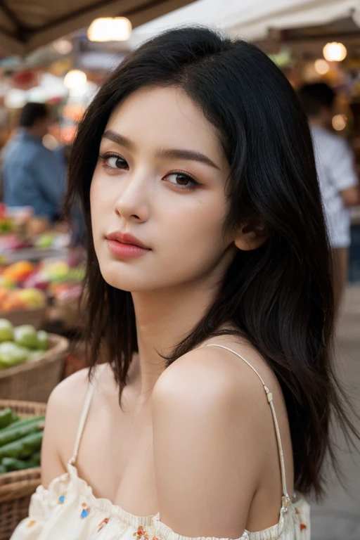 masterpiece, best quality, ultra-detailed, ultra high res, (photorealistic:1.4), raw photo, (realistic:0.2), 8k HDR, realistic lighting, looking at viewer, 1girl, solo, asymmetrical hair, bangs, outdoor, sky, (traditional market:1.2), bokeh, (detailed lips), (day), (detailed pores), (detailed skin textures), (detailed face:1.2), (body:1.2), cowboy shot, a woman portrait in a sundress,