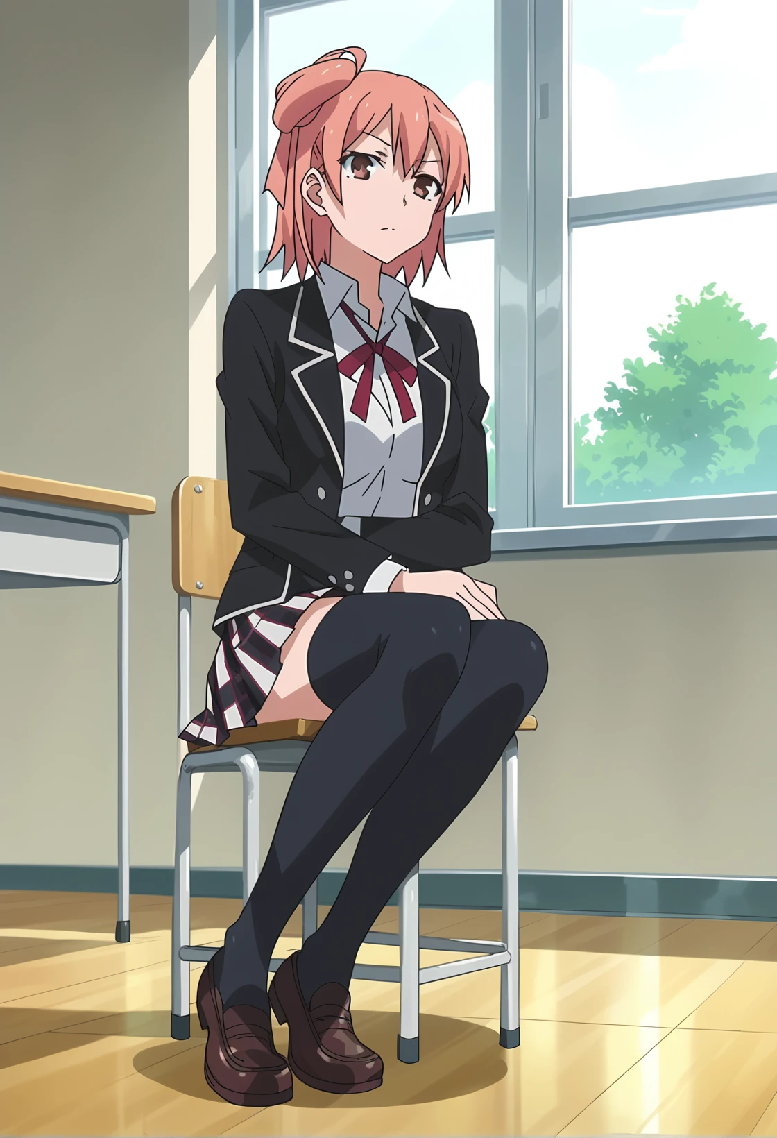 score_9, score_8_up, score_7_up, 
BREAK
anime screencap, 
1girl, solo, <lora:shiHelloV1:1>, shiyui, short hair, brown eyes, pink hair, ribbon, hair bun, single hair bun,  sitting, shoes, black thighhighs, window, chair, 
school uniform, hair ribbon, black jacket, plaid skirt, blazer, sobu high school uniform,