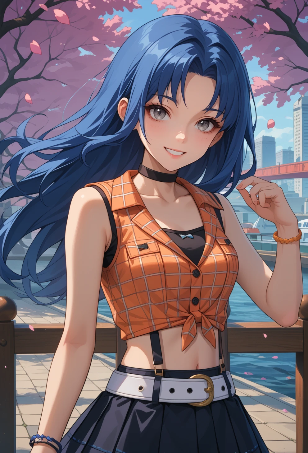 score_9, score_7_up, source_anime, BREAK <lora:AEDinah:0.6> AEDinah, grey eyes, blue hair, long hair, black choker, crop top,  midriff, plaid shirt, bracelet, belt, suspenders, black skirt, miniskirt, pleated skirt, black thighhighs, sneakers, smile, falling petals, sleeveless,