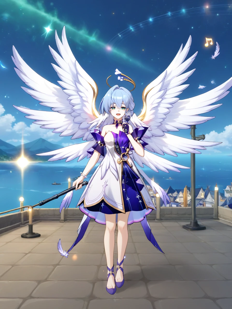 1girl, solo, Robin \(Honkai: Star Rail\), standing, dress, holding microphone, singing, angel wings, prismatic wings, flying, feathers, song notes, dynamic scenery, outdoors <lora:Alt_Focus:1>