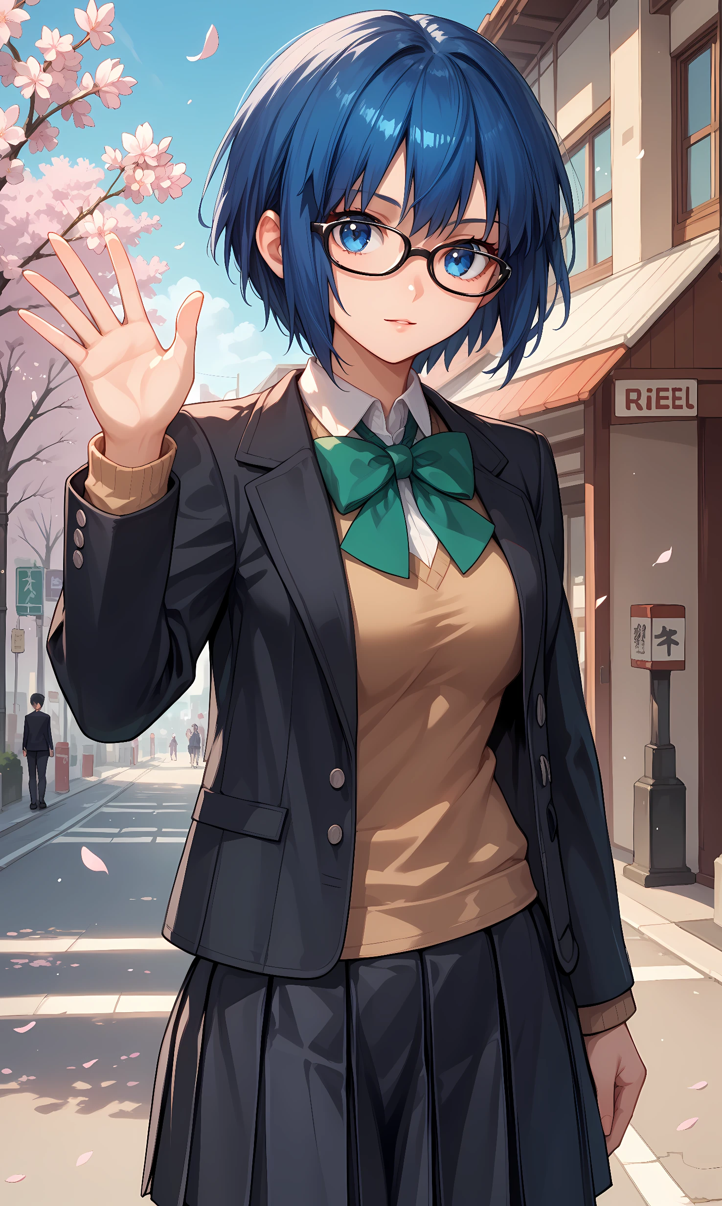 score_9, score_8_up, score_7_up, BREAK source_anime, 1girl, solo, outdoors, street, cherry blossoms, cowboy shot, standing, looking at viewer, shiny skin, ciel, blue eyes, short hair, blue hair, glasses, black blazer, long sleeves, open clothes, green bowtie, brown sweater, miniskirt, pleated skirt, black skirt, black socks, loafers, waving