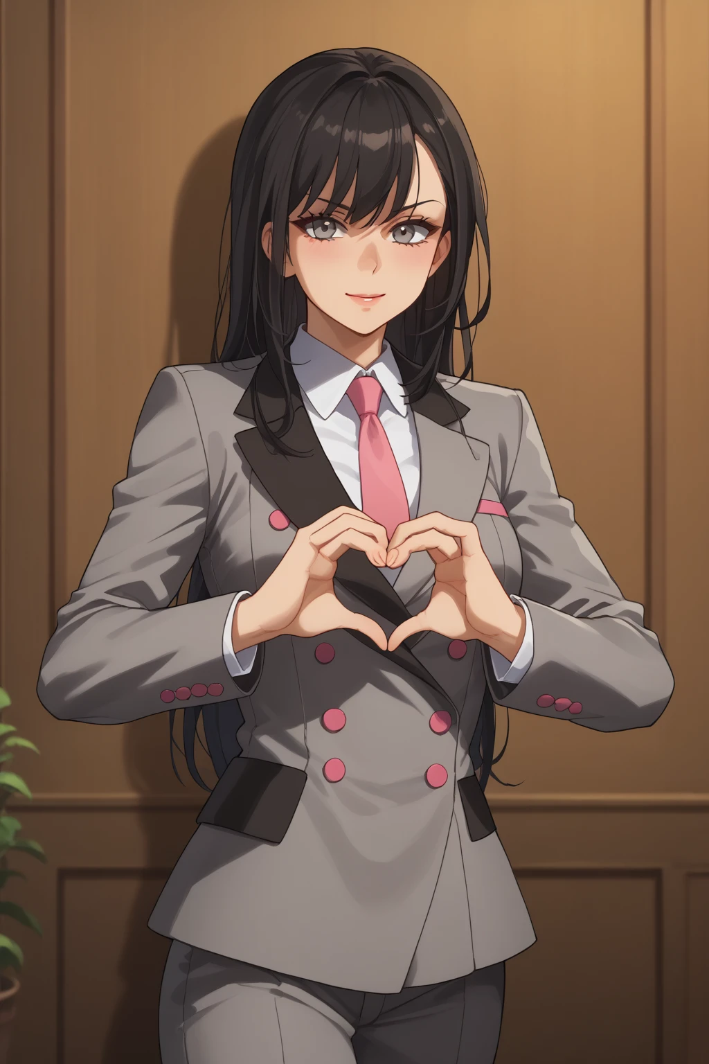 score_9, score_8_up, score_7_up, score_6_up, score_5_up, score_4_up, masterpiece, high quality, BREAK, full body, BREAK, 1girl,  <lora:Wendy Sato:0.8> Black hair, grey eyes, large breasts, grey suit, pink necktie, gauntlets, katana,  <lora:HeartBoobPose:0.9> HeartBoobPose, hand gesture, posing, heart shaped hands, over breasts, heart, heart hands,