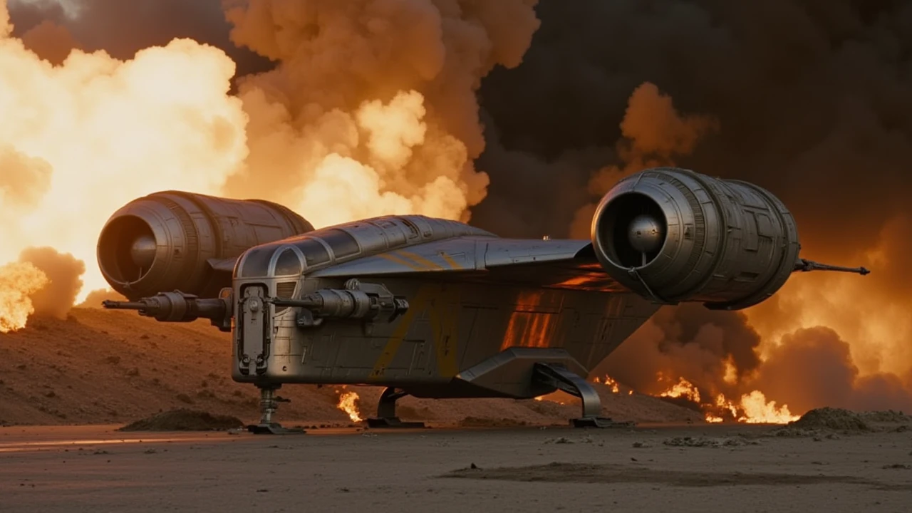 a lucasfilm,star wars style movie still of a razor crest spaceship,<lora:razor_crest:1>,(totally destroyed:1.3) after a heavy hit,smoke,flames,fire,dramatic camera angle, <lora:Car crash:1.2> carcrash