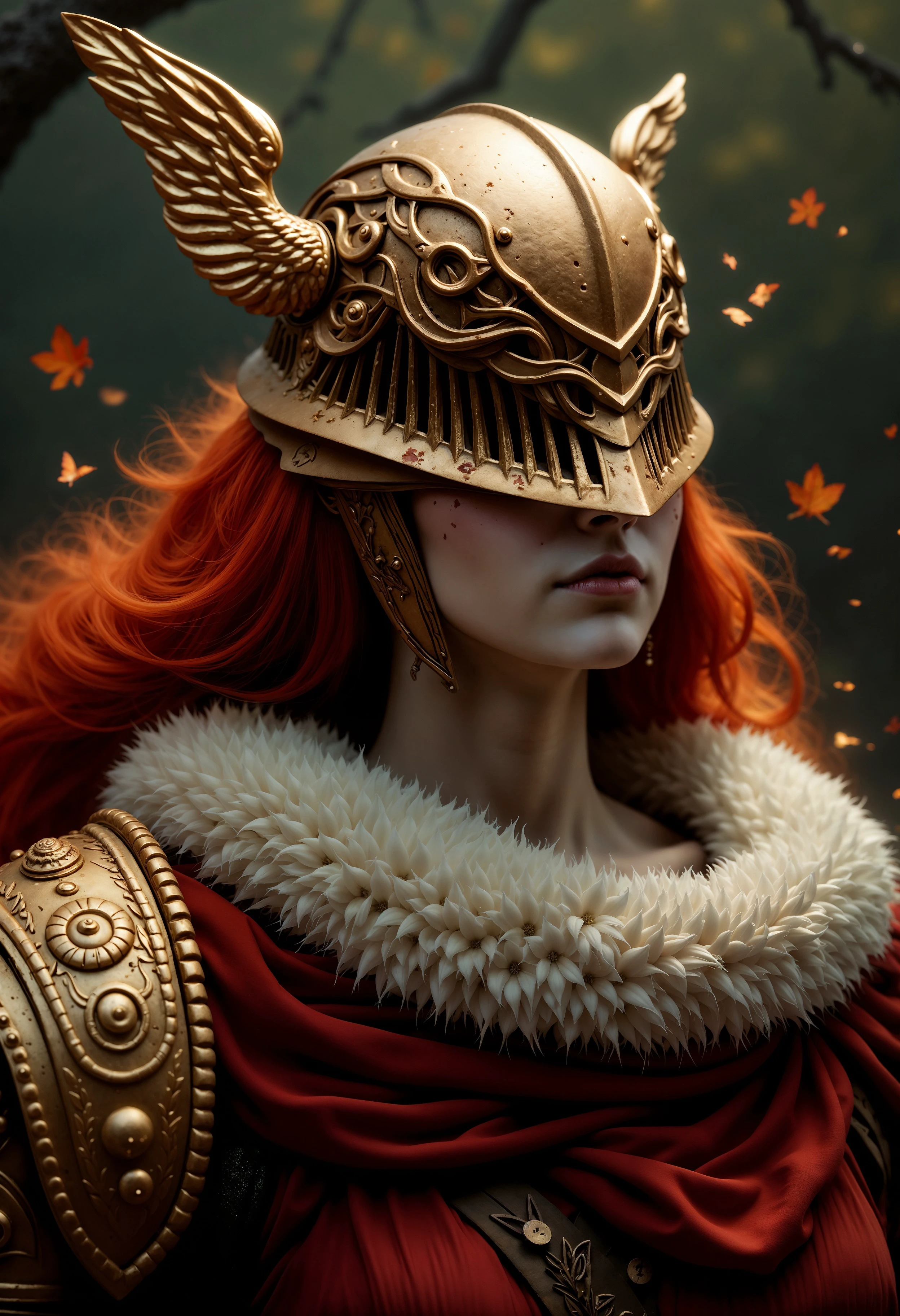 A captivating and haunting image of MaleniaNorm, her battle-worn beauty and unyielding grace captured in stunning detail. Her skin is a pale, almost ethereal tone, marked with faint scars and the wear of countless battles. Her long, fiery red hair cascades around her, contrasting sharply with her golden helm and armor, adorned with intricate thorn-like designs. She stands dressed in her iconic, tattered crimson and gold attire, the fabric and metal telling a tale of endless conflict and resilience. Her ghostly, determined eyes pierce through the scene, exuding both strength and sorrow. The high-quality rendering captures every detail of Malenia’s enigmatic and fearsome presence, drawing viewers into the dark, enchanted world of the Lands Between, where beauty and brutality coexist in a mesmerizing dance. <lora:FluxMaleniaNorm:1>