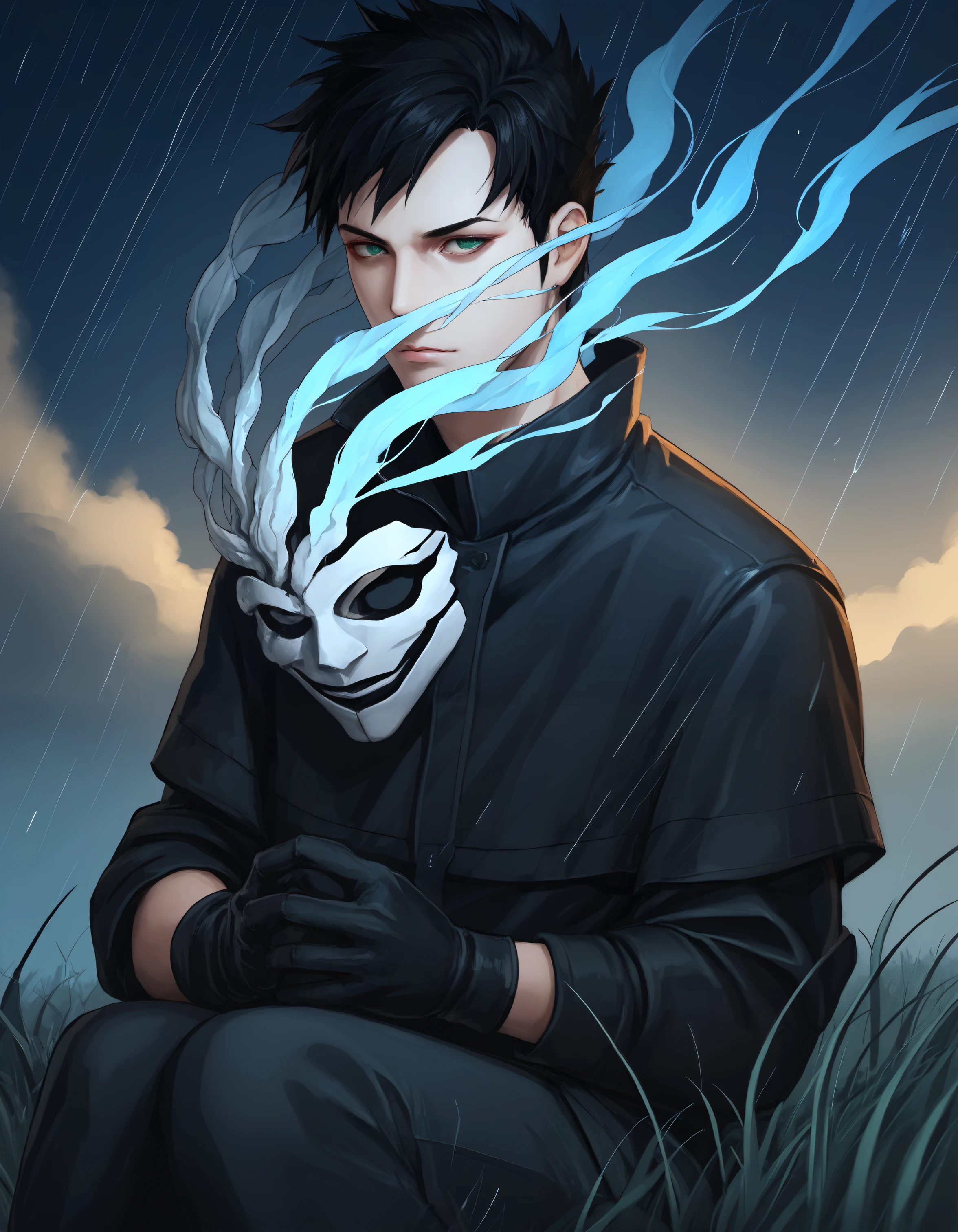 (score_9, score_8_up, score_7_up),source anime,3rg0pr0xy, v1nc3nt+pr0xym0de, holding mask, 1boy, male focus, solo, green eyes, gloves, black hair, mask, holding mask, mask removed, night, heavy rain, cloudy, field, clouds, background, sitting, close