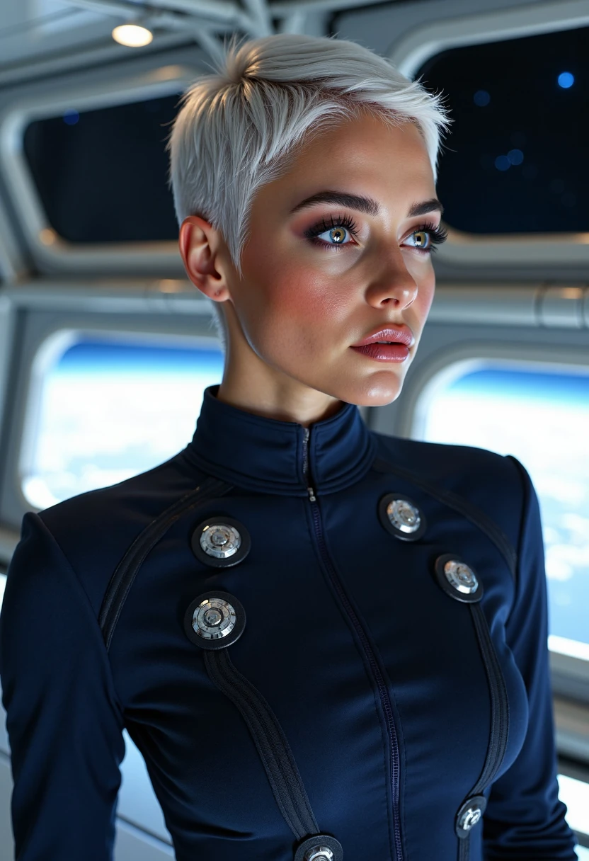 Imagine a photorealistic close-up portrait depiction of Selene, a beautiful woman with purple eyes and white pixie hair. Selene stands on the deck of a futuristic starship, her purple eyes glowing softly as she gazes out into the vast expanse of space. She wears a sleek, high-collared navy-blue captain's uniform adorned with silver insignia, her white pixie-cut hair catching the subtle ambient light from the starship's consoles. The background is filled with the cool, metallic tones of the ship’s interior, with windows overlooking a field of distant stars and nebulae, casting a gentle glow across her calm and composed face.