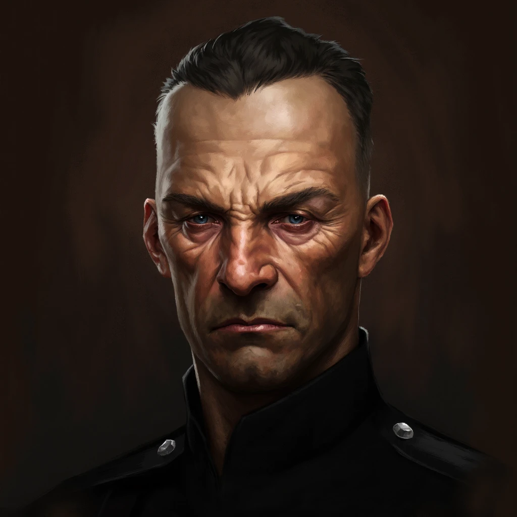 D_Hstyle, this is a highly detailed digital painting of a middle-aged man with a stern, intense expression. the painting style is realistic with a heavy emphasis on texture and shading, giving the subject a rugged, weathered appearance. the man has a pale complexion with visible wrinkles and scars, particularly on his forehead and around his eyes, suggesting a life of hardship or battle. his hair is dark and slicked back, with a few strands falling over his forehead. his eyes are a piercing blue, set in a face marked by deep furrows and lines, adding to his serious demeanor. he wears a dark, high-collared uniform with metallic accents on the shoulders, indicating a military or paramilitary background. the background is a dark, muted brown, with rough brushstrokes that contrast with the detailed, smooth textures of the subject's face and uniform. the overall mood of the painting is somber and intense, emphasizing the man's resilience and determination