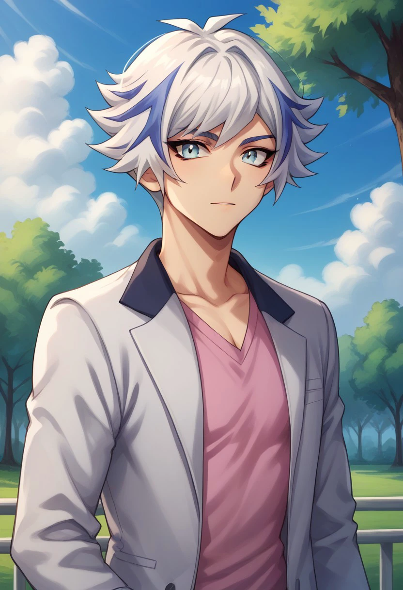 score_9, score_8_up, score_7_up, source_anime, highly detailed, 
ryoken, 1boy, male focus, solo, multicolored hair, streaked hair, shirt, white hair, pink shirt, looking at viewer, grey eyes, blue hair, upper body, blue eyes, jacket, grey jacket, open jacket, open clothes,
outdoor, sky, tree, clouds,