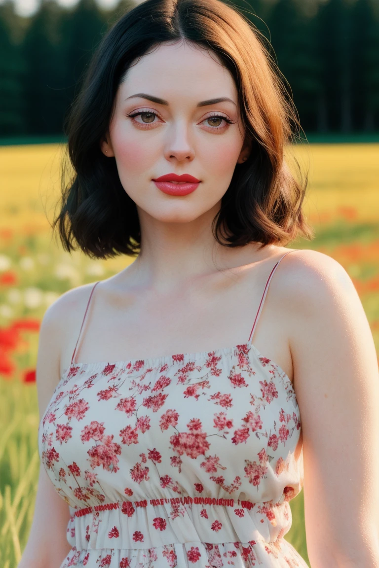 rosemc-290,  ((red lipstick, blush, pale skin)),((masterpiece, best quality, extremely detailed, high resolution)), ((detailed eyes, detailed face):1.2), ((fully clothed, modest)) ,photo of a woman, RAW, close portrait photo, ((beautiful floral print sundress)),((short hair, pixie cut)), ((outdoors, gorgeous meadow, walking)),  8k uhd, dslr, soft lighting, high quality, film grain, Fujifilm XT3 sharp focus, f 5.6,, slight smile, ((detailed eyes, beautiful eyes, detailed face, beautiful face)),